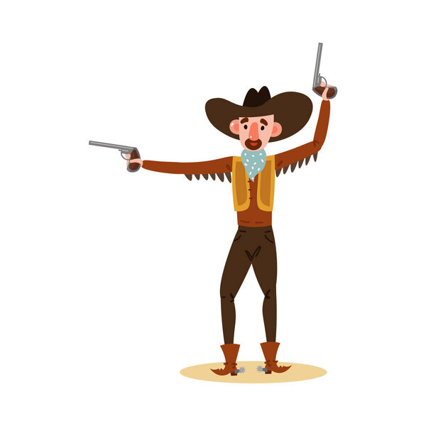 American cowboy standing and holding up one pistol and second to the side. Vector illustration in flat cartoon style