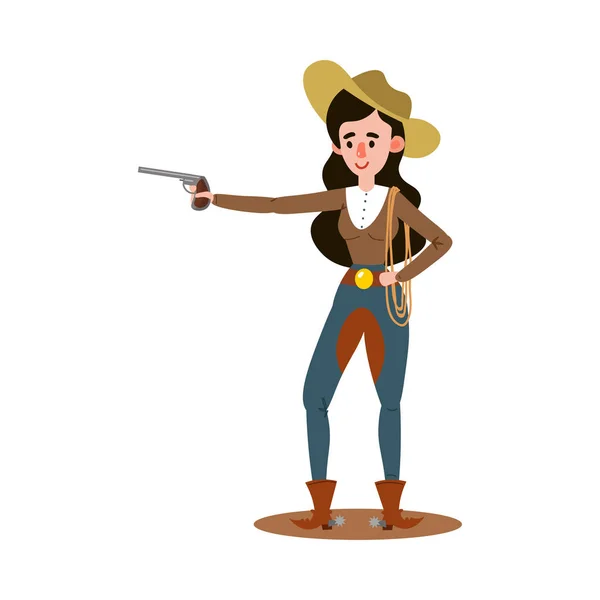 Vaquera americana de pie y sosteniendo una pistola a un lado. Ilustración vectorial en estilo plano de dibujos animados — Vector de stock