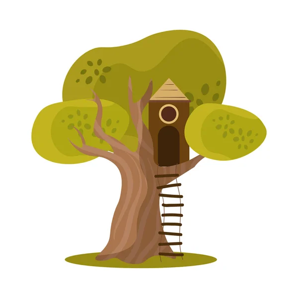 Linda pequeña casa del árbol con una ventana y escaleras. Ilustración vectorial en estilo plano de dibujos animados — Vector de stock