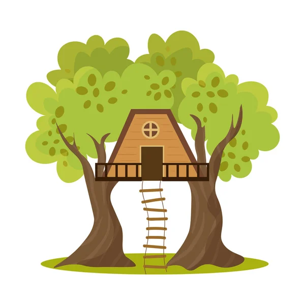 Linda pequeña casa de árbol entre dos árboles con escaleras. Ilustración vectorial en estilo plano de dibujos animados — Vector de stock