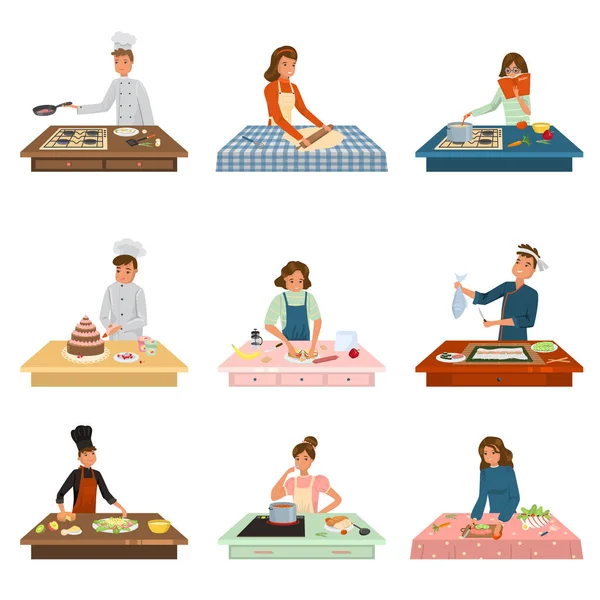 Cooks in special uniform and aprons making food vector illustration — ストックベクタ