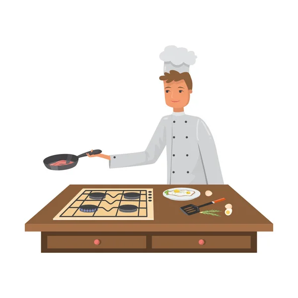Hombre cocinero en uniforme especial cocinar huevos fritos vector ilustración — Archivo Imágenes Vectoriales