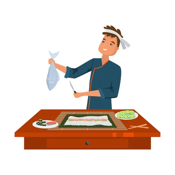 Man cook cutting raw fish for making sushi vector illustration — ストックベクタ