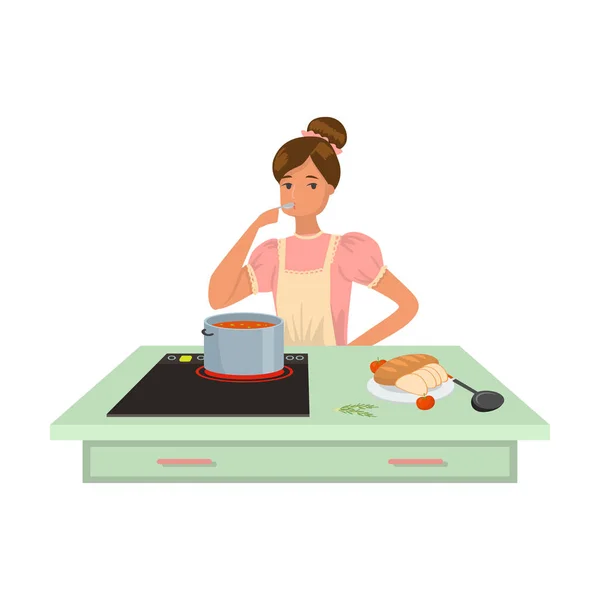महिला एप्रन में ताजा पका हुआ सूप वेक्टर चित्र चखती है — स्टॉक वेक्टर