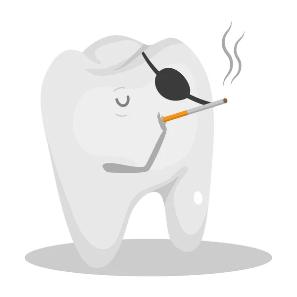Grey tooth with one eye covered smoking cigarette vector illustration — ストックベクタ
