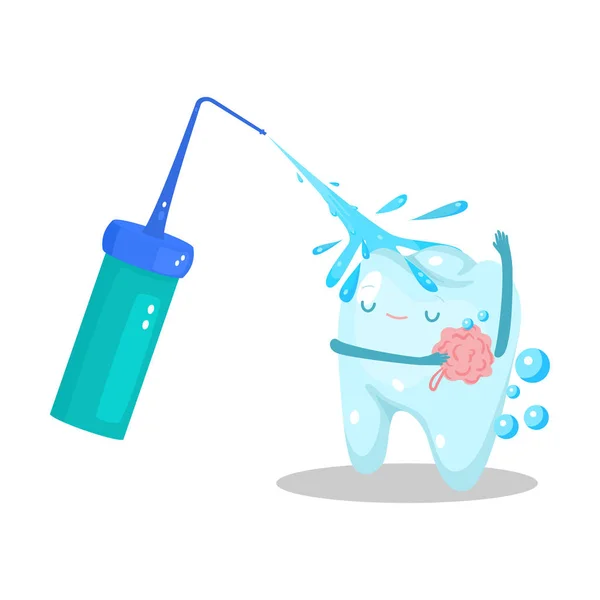 Healthy happy tooth holding washcloth washing in shower vector illustration — Stockvector