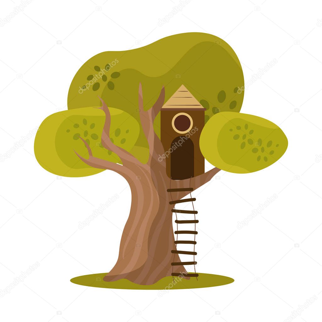 Cute small treehouse with one window and stairs. Vector illustration in flat cartoon style