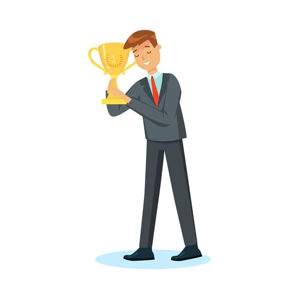Sorrindo empresário vencedor segurando primeiro troféu em mãos ilustração vetorial — Vetor de Stock