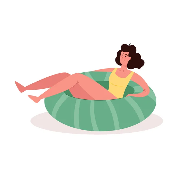 Mujer linda se relaja en un anillo de goma inflable. Vector colorido ilustración en estilo de dibujos animados — Vector de stock