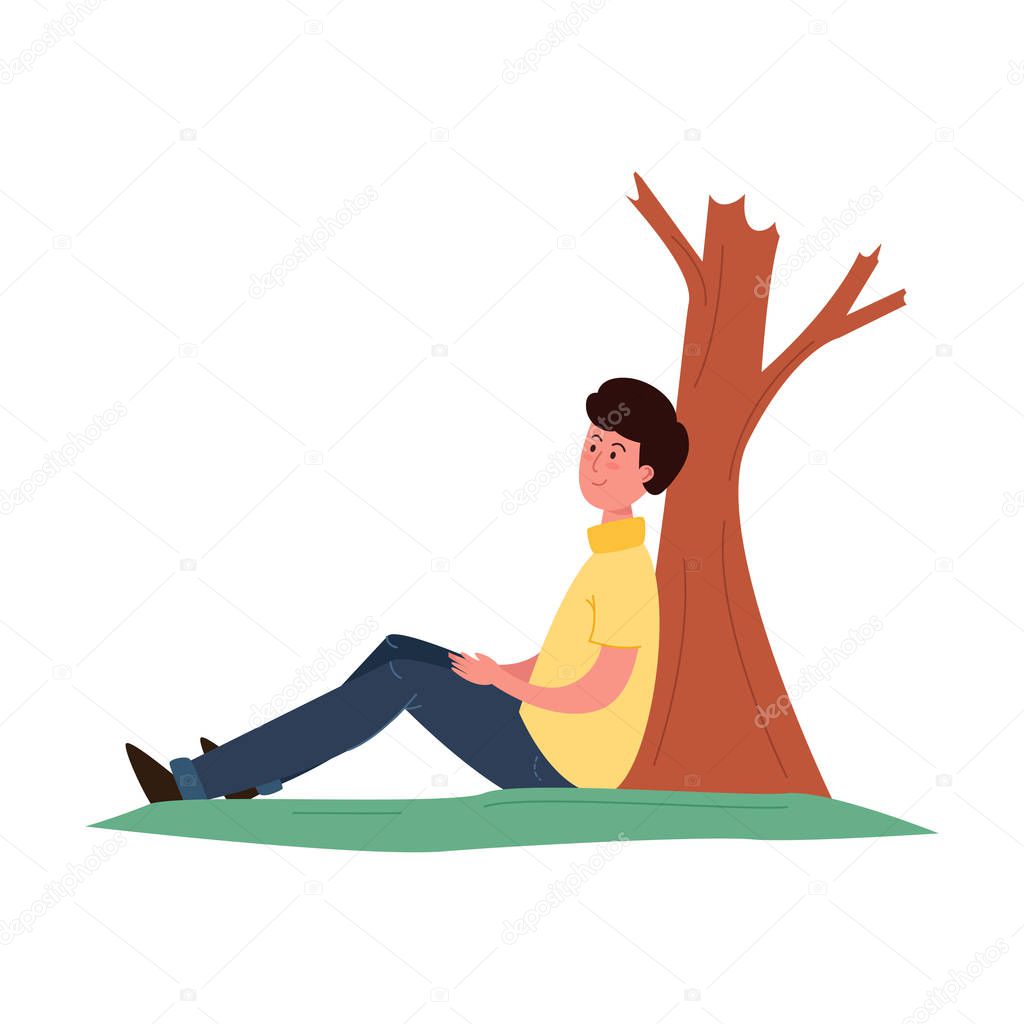 The young man sitting under a tree relaxes. Vector colorful illustration in cartoon style