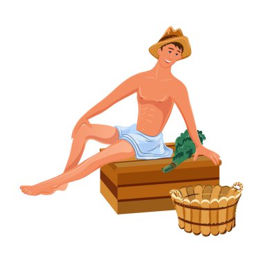 Süpürge ve küvetli bir adam hamam vektörü çiziminde oturuyor.