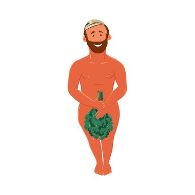 Sakallı adam hamamda dikiliyor ve bir demet huş dalı ile kaplanıyor. Çizgi film tarzında vektör renkli illüstrasyon.