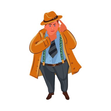 Kahverengi şapkalı klasik dedektif. Çizgi film tarzında vektör renkli illüstrasyon.