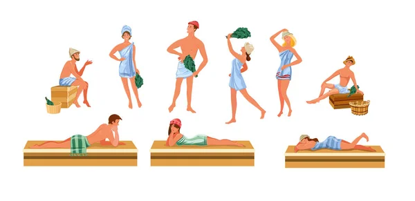 Conjunto de mujeres y hombres que relajan en la ilustración del vector de la casa de baños — Vector de stock