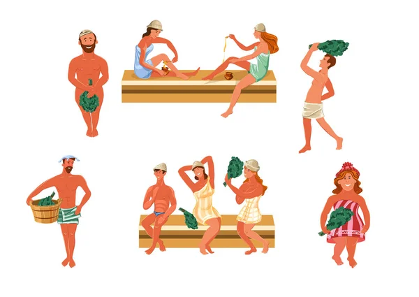 Set di persone che fanno il bagno in sauna con ramoscelli di betulla. Illustrazione vettoriale in stile fumetto piatto . — Vettoriale Stock