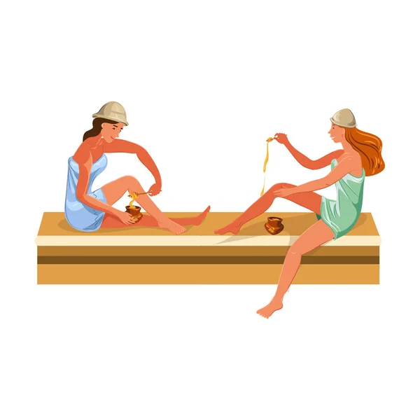 Donne sveglie che si godono le procedure di vapore caldo in una sauna facendo scrub miele. Illustrazione colorata vettoriale in stile cartone animato . — Vettoriale Stock