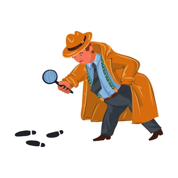 El detective clásico con una lupa siguiendo huellas. Vector colorido ilustración en estilo de dibujos animados . — Vector de stock