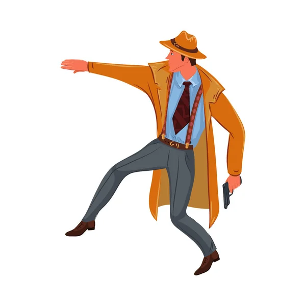 Inspektör Man smyger med en pistol i handen. Vektor färgglada illustration i tecknad stil. — Stock vektor