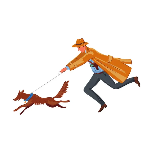 Детектив, що бігає з відбитками мисливців на собак-трекерів. Векторна барвиста ілюстрація в мультяшному стилі . — стоковий вектор