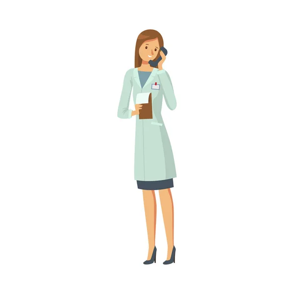 Женщина-администратор разговаривает по телефону на рабочем векторном иллюстрации — стоковый вектор