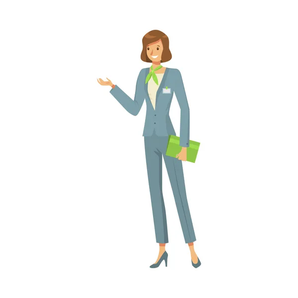 Vrouw administrateur in grijs kostuum met case vector illustratie — Stockvector