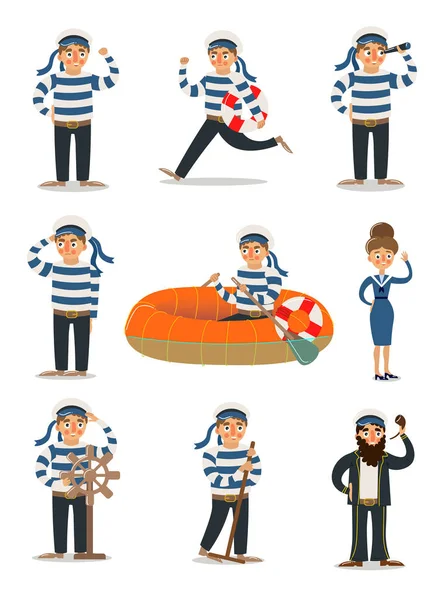 伝統的な縞模様の均一なベクトル図の男性と女性の船員 — ストックベクタ