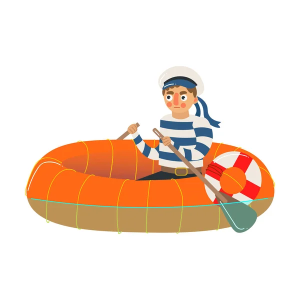 Man sailor in striped uniform sitting riding dinghy vector illustration — Stock Vector