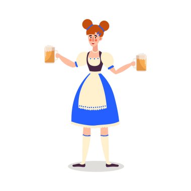 Smiling woman waiter serving fresh beer in glasses vector illustration
