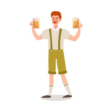 Man waiter holding fresh beer drink in glasses vector illustration