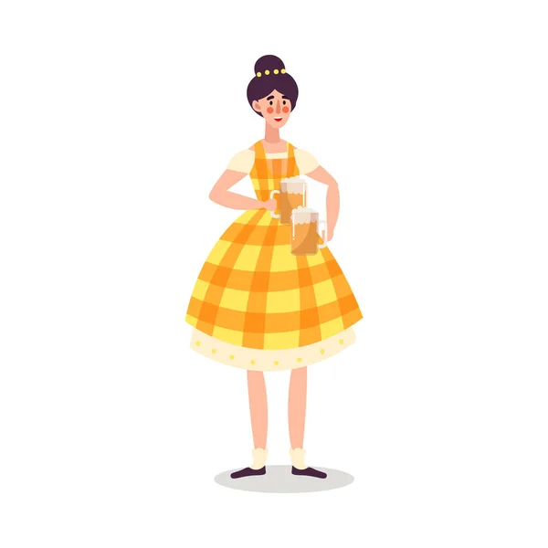 Camarera sonriente en vestido amarillo sirviendo ilustración vector cerveza — Vector de stock