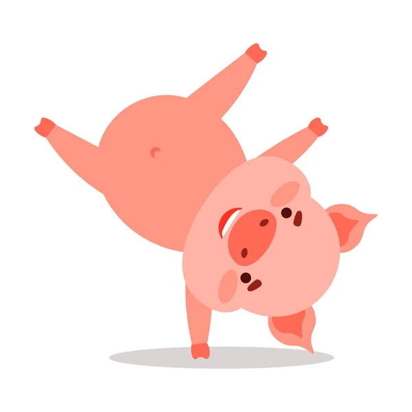 Cute pink piglet character standing upside down on one arm. Vector illustration isolated on white background — Stock Vector