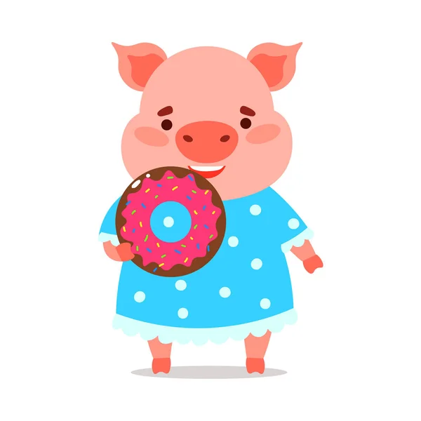 Cute pink piglet in a blue dress holding a donut. Vector illustration isolated on white background — 스톡 벡터
