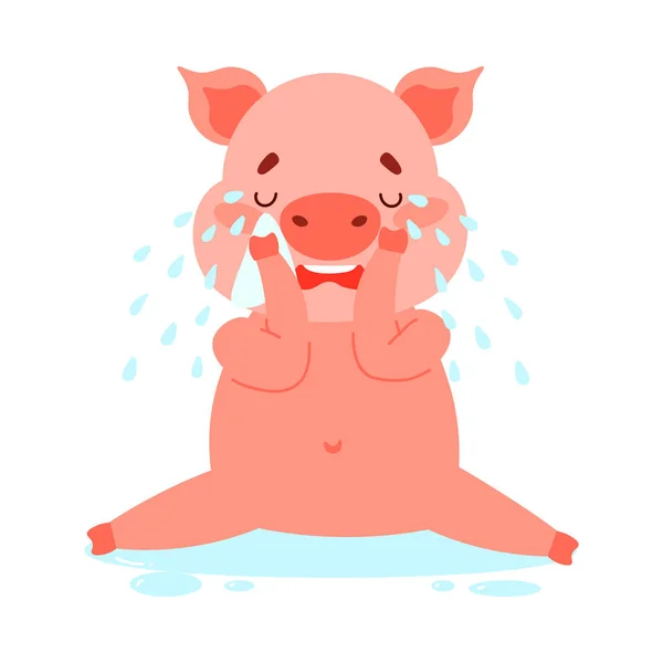 Cute pink piglet character crying sitting in tears. Vector illustration isolated on white background — 스톡 벡터