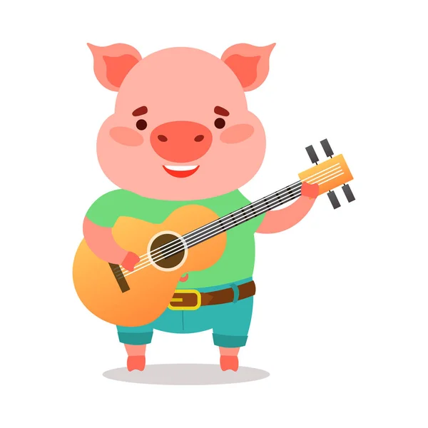 Cute pink piglet in green t-shirt playing guitar. Vector illustration isolated on white background — 스톡 벡터