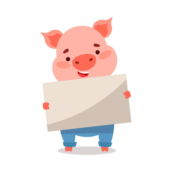 Cute pink piglet in blue pants holding a banner in hands. Vector illustration isolated on white background — 스톡 벡터