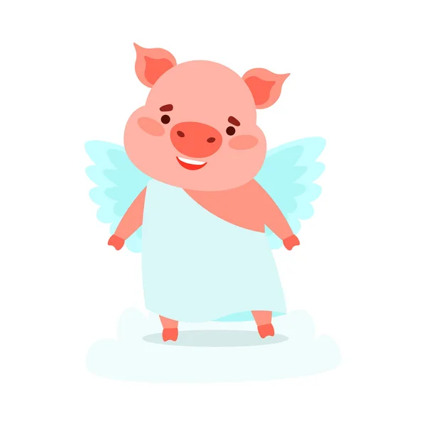 Cute angel piglet stands in a blue dress with wings. Vector illustration isolated on white background — 스톡 벡터