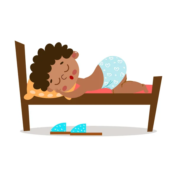 The cute kinky-haired little afroamerican boy lovely sleeping in a wooden bed. Vector illustration in flat cartoon style. - Stok Vektor