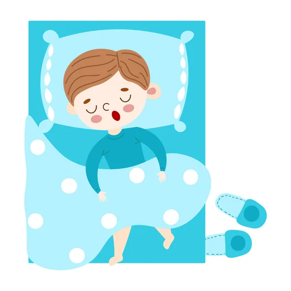 O bonitinho de cabelos castanhos menino adorável dormir sob o edredão em vista superior cama azul. Ilustração vetorial em estilo desenho animado plano. —  Vetores de Stock