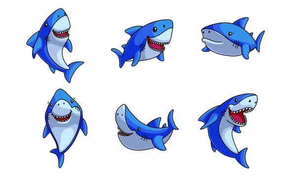 Set of funny cute happy blue sharks vector illustration — vektorikuva