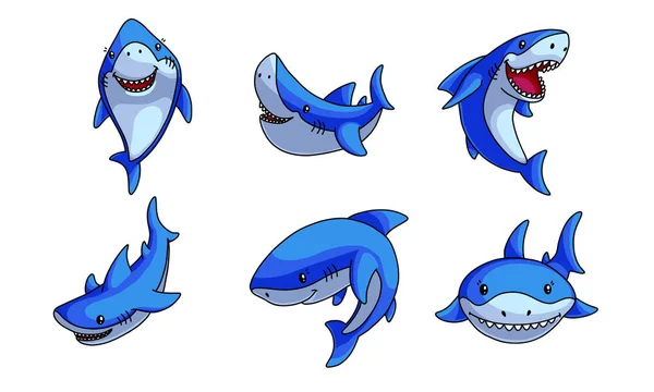 Set of funny cute smiling blue sharks vector illustration — vektorikuva