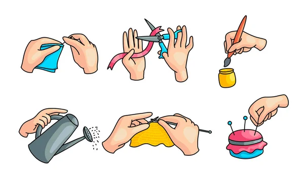 Set menschlicher Hände, die alltägliche Hobbys ausüben Vektor Illustration — Stockvektor