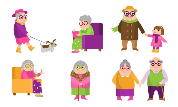 Elderly grey-haired women and men doing everyday things vector illustration - Stok Vektor