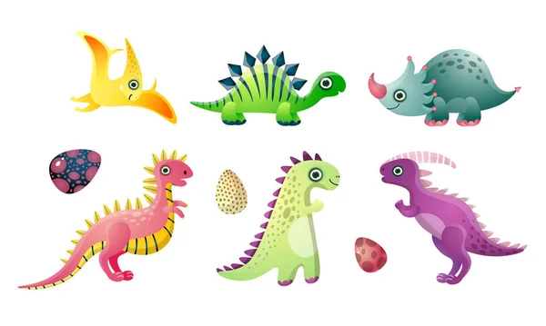 Set di simpatico divertente colorato dinosauro animali vettore illustrazione — Vettoriale Stock