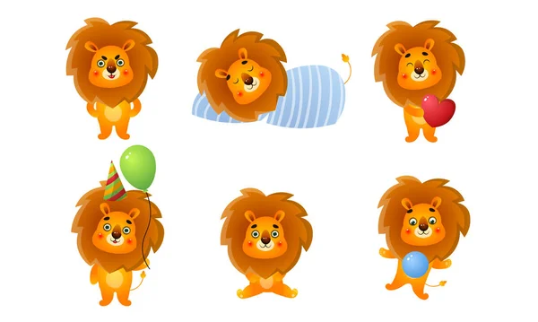 Roztomilé červené vlasy lev zvířata dělat každodenní věci vektorové ilustrace — Stockový vektor