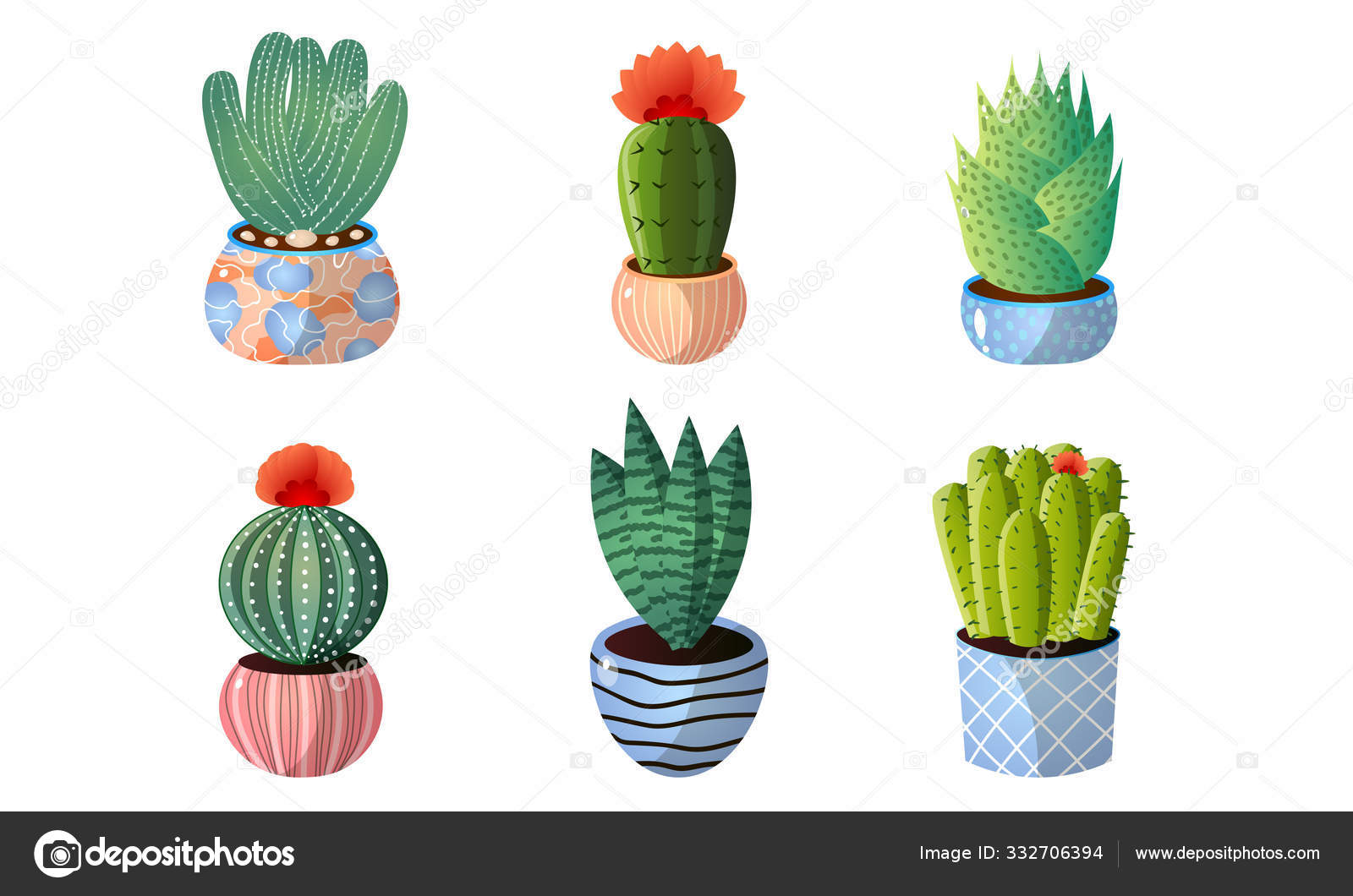 conjunto de cactos coloridos bonitos, vasos de plantas. coleção de