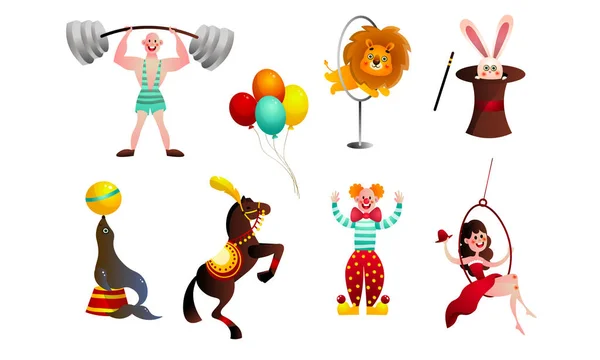 Set di diversi elementi divertenti del circo, persone, animali e decorazioni. Illustrazione del set vettoriale in stile cartoon piatto — Vettoriale Stock