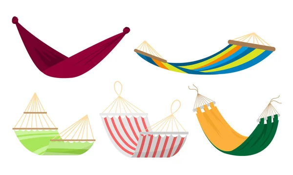 Set of various types of colorful rope hammocks. Vector set illustration in flat cartoon style. — Stock Vector