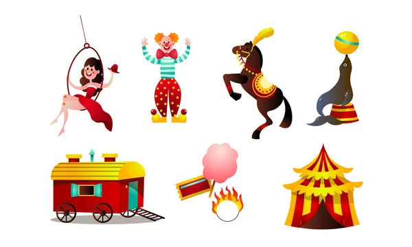 Conjunto de diferentes elementos divertidos de circo, personas, animales y decoraciones. Ilustración de conjuntos de vectores en estilo dibujos animados planos — Vector de stock