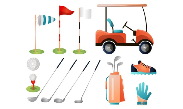 Комплект снаряжения для гольфа и расходные материалы для игры. Векторная иллюстрация в стиле плоских карикатур. — стоковый вектор