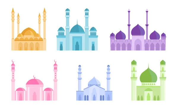 Uppsättning färgglada moské islamisk heligaste dyrkan byggnader. Vektor illustration i platt tecknad stil. — Stock vektor